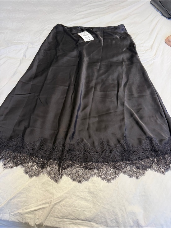 Zara Dresses & Skirts - Zara Black Satin A-Line Slip Skirt with Lace Trim